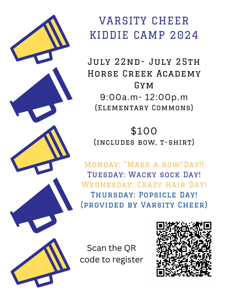 Varsity Cheer Kiddie Camp, $100, July 22-25th at HCA