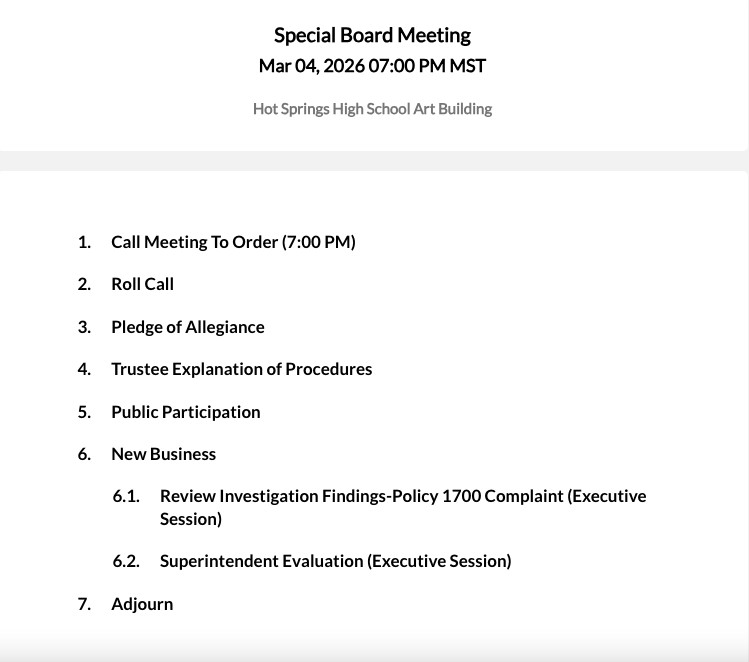 Special Board meeting agenda