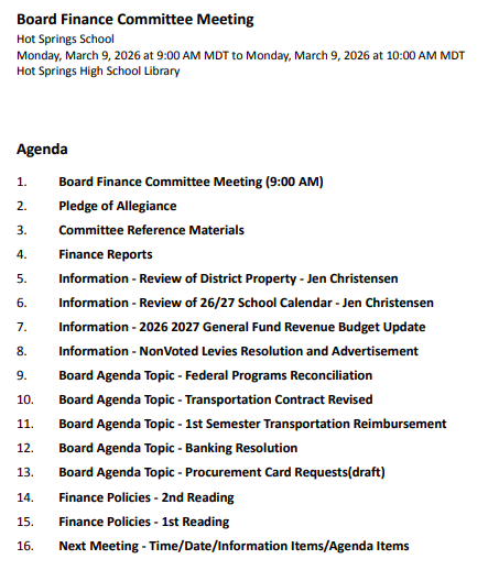 Board Finance Committee Meeting  03/09/2026