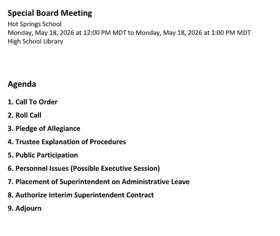 Special Board meeting agenda