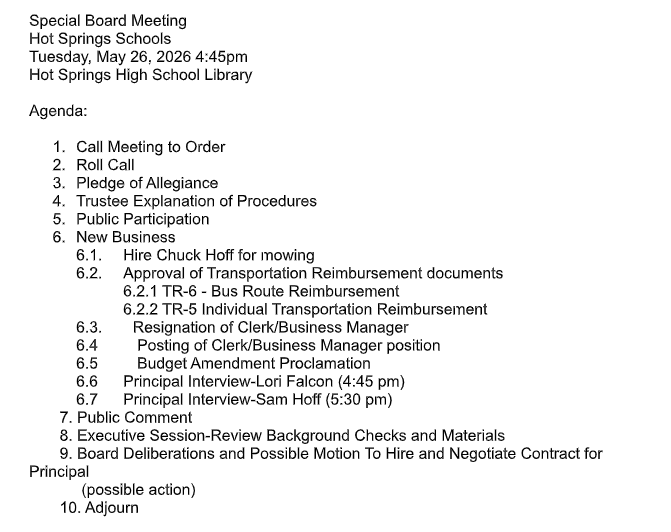 Special Board meeting agenda