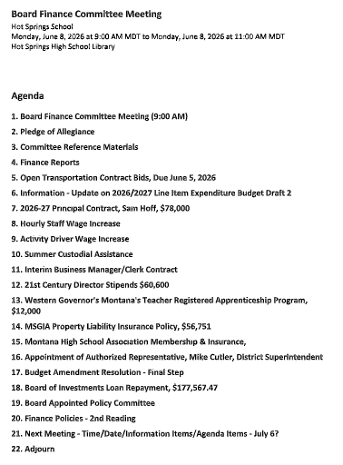 Board Finance Committee Meeting 06/08/2026