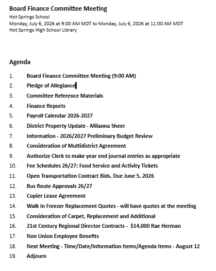 Board Finance Committee Meeting 07/06/2026