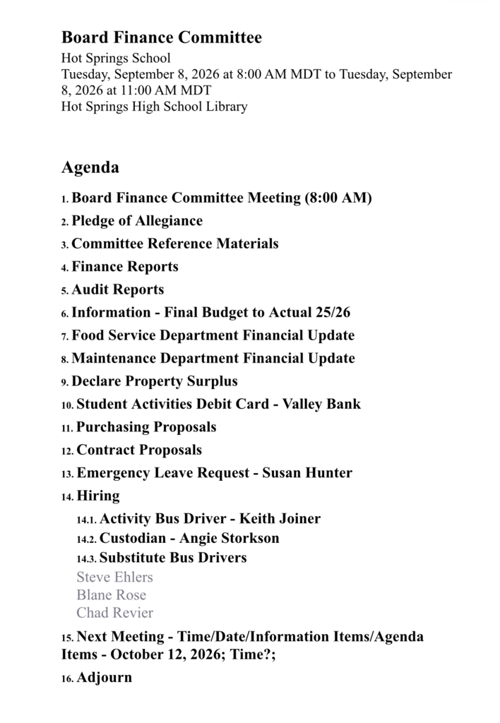 Finance Board Meeting Agenda