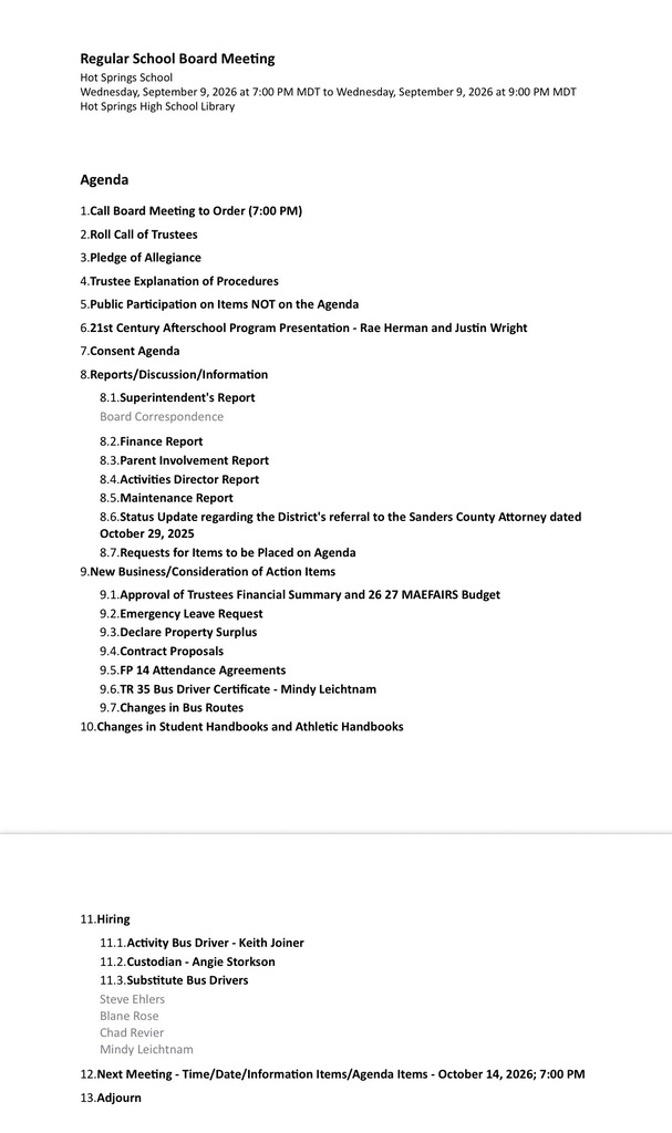 Regular Board Meeting Agenda