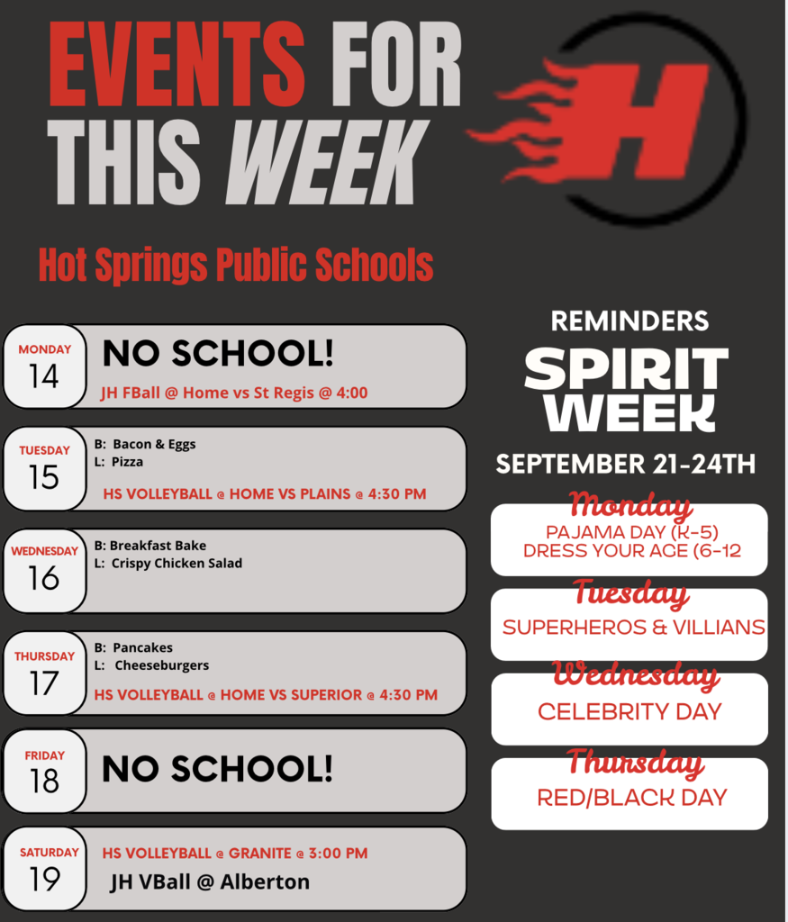 The calendar for the week of September 14-19th and next weeks homecoming dress up days.