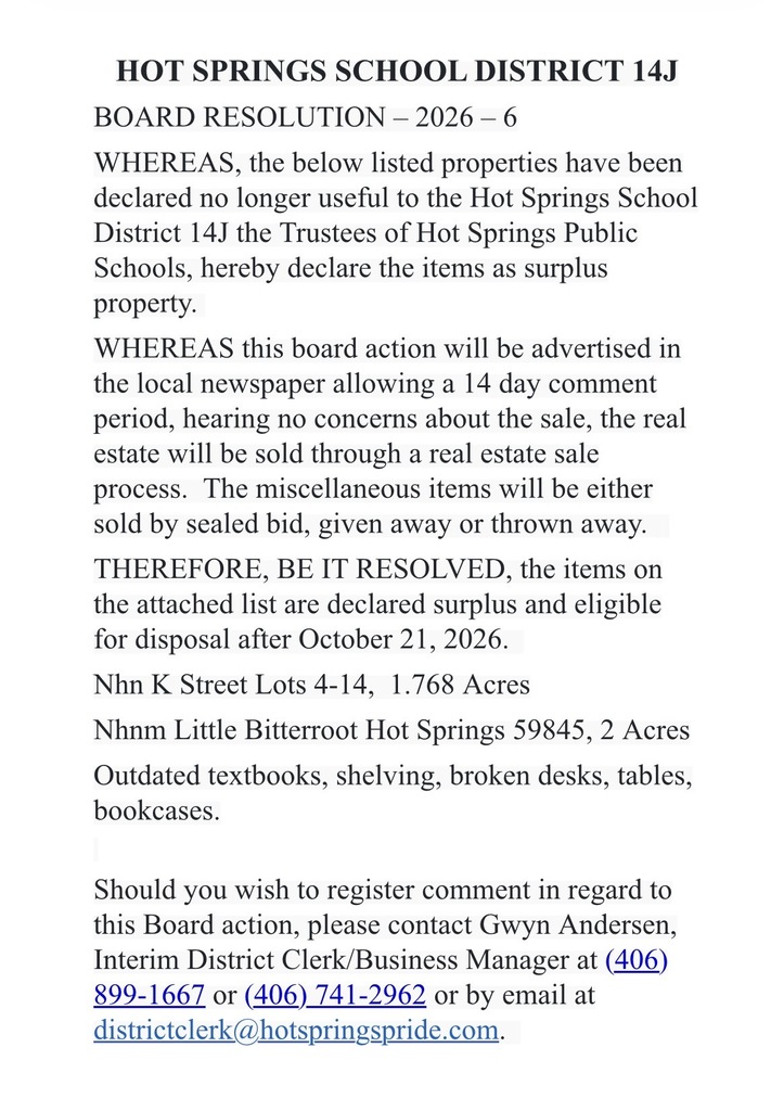 List of Hot Spring School Surplus Property