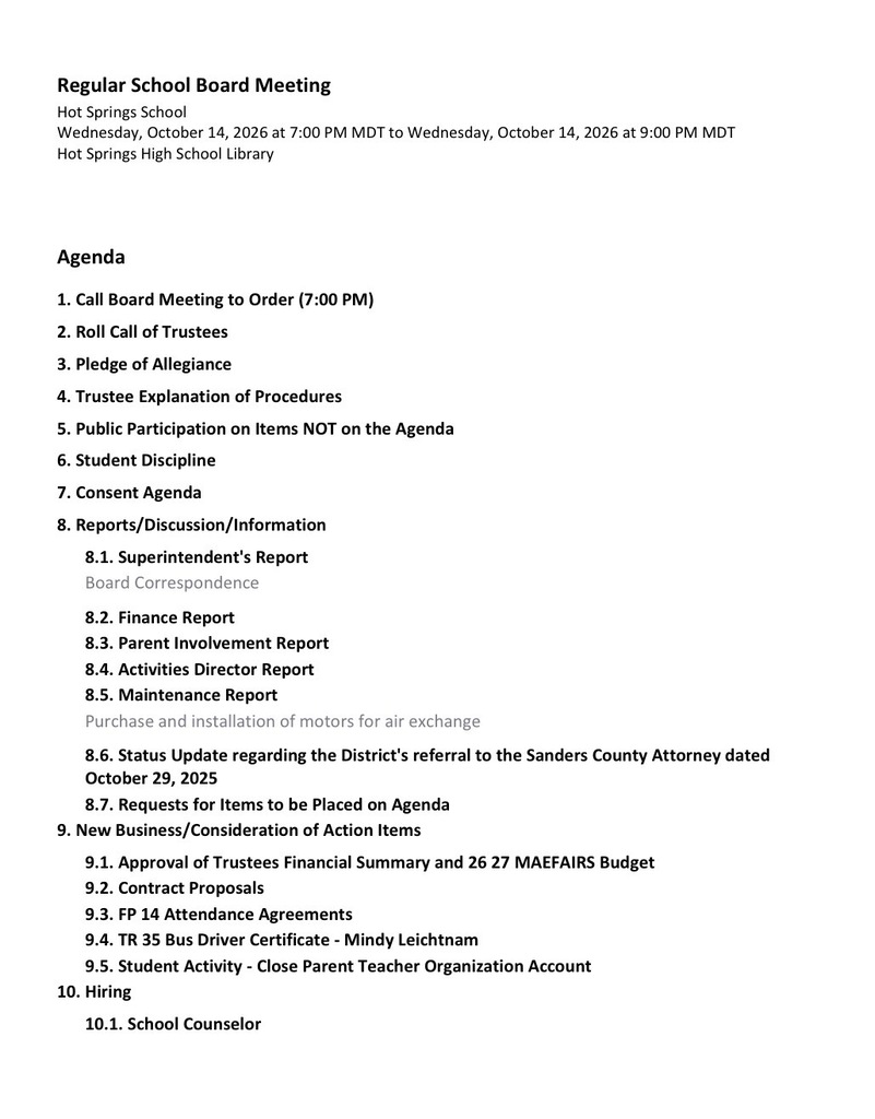 Regular Board Meeting Agenda