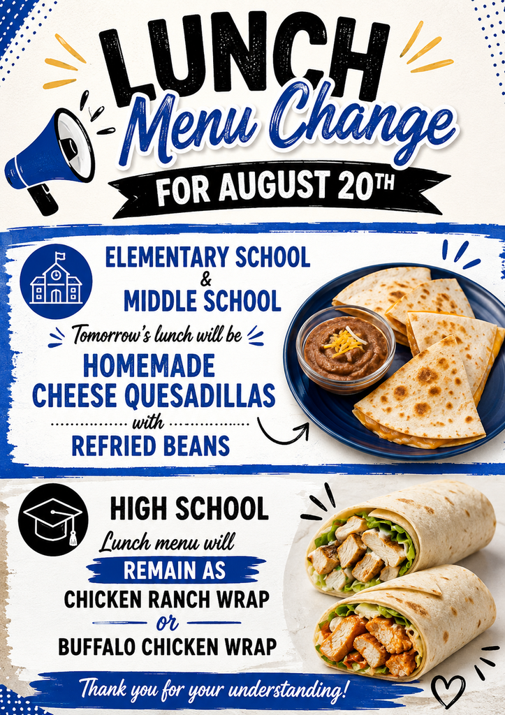 Lunch Menu Change for August 20th