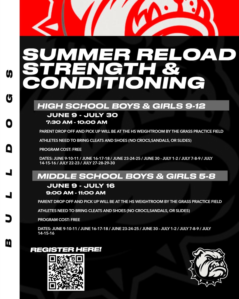 Howe ISD “Summer Reload Strength & Conditioning” flyer in black, white, and red with bulldog graphics in the background. The flyer promotes free summer strength and conditioning workouts for student athletes.  High School Boys & Girls grades 9–12 meet June 9 through July 30 from 7:30 a.m. to 10:00 a.m. Middle School Boys & Girls grades 5–8 meet June 9 through July 16 from 9:00 a.m. to 11:00 a.m.  Parent drop-off and pick-up will take place at the high school weight room near the grass practice field. Athletes must bring cleats and athletic shoes. Crocs, sandals, and slides are not allowed.  The flyer also lists workout dates throughout June and July and includes a QR code labeled “Register Here!” in the bottom left corner. A Howe Bulldogs mascot logo appears in the bottom right corner.
