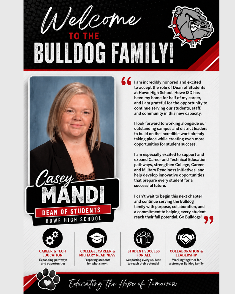 A flyer welcoming Casey Mandi as the new Dean of Students for Howe High School for Howe ISD.
