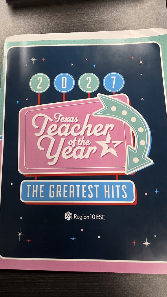 Three photos from the Region 10 ESC Teacher of the Year celebration at Southfork Ranch. The first shows the event program with a colorful retro design reading “2027 Texas Teacher of the Year: The Greatest Hits.” The second shows attendees seated at banquet tables facing a stage and large presentation screen. The third shows Howe ISD Teacher of the Year Stephanie Burge standing with her principal, Paula Lashley, in front of a decorated photo backdrop featuring colorful balloons, music notes, and records.