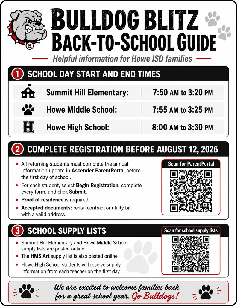 Two-page Howe ISD Back-to-School Guide in black, white, gray, and red. Page one includes school hours for Summit Hill Elementary, Howe Middle School, and Howe High School; the August 12 registration deadline; proof-of-residence requirements; and school supply information. Page two includes details about the Howe ISD website and app, ParentPortal, Thrillshare Rooms, Seesaw, Canvas, LINQ Connect, and district and campus phone numbers. QR codes are included for quick access to several resources.