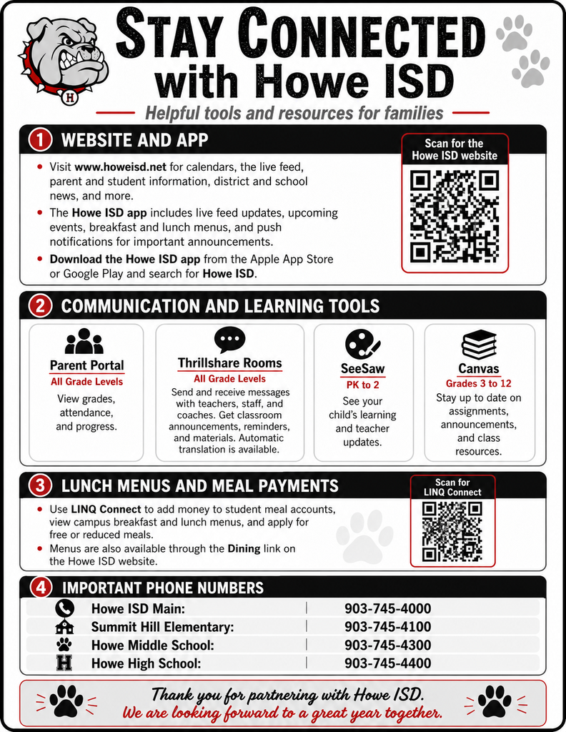 Two-page Howe ISD Back-to-School Guide in black, white, gray, and red. Page one includes school hours for Summit Hill Elementary, Howe Middle School, and Howe High School; the August 12 registration deadline; proof-of-residence requirements; and school supply information. Page two includes details about the Howe ISD website and app, ParentPortal, Thrillshare Rooms, Seesaw, Canvas, LINQ Connect, and district and campus phone numbers. QR codes are included for quick access to several resources.