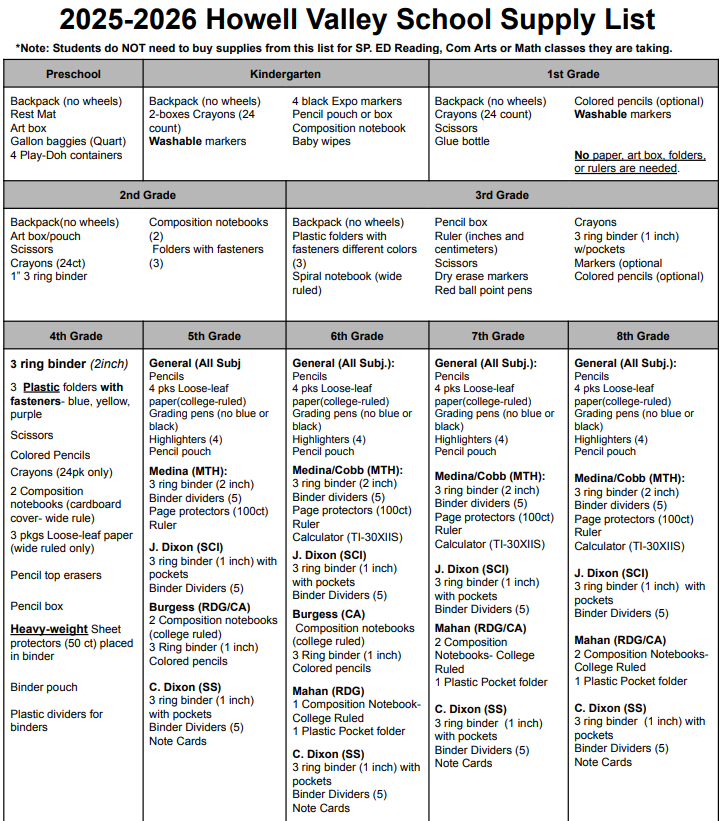 School Supply List