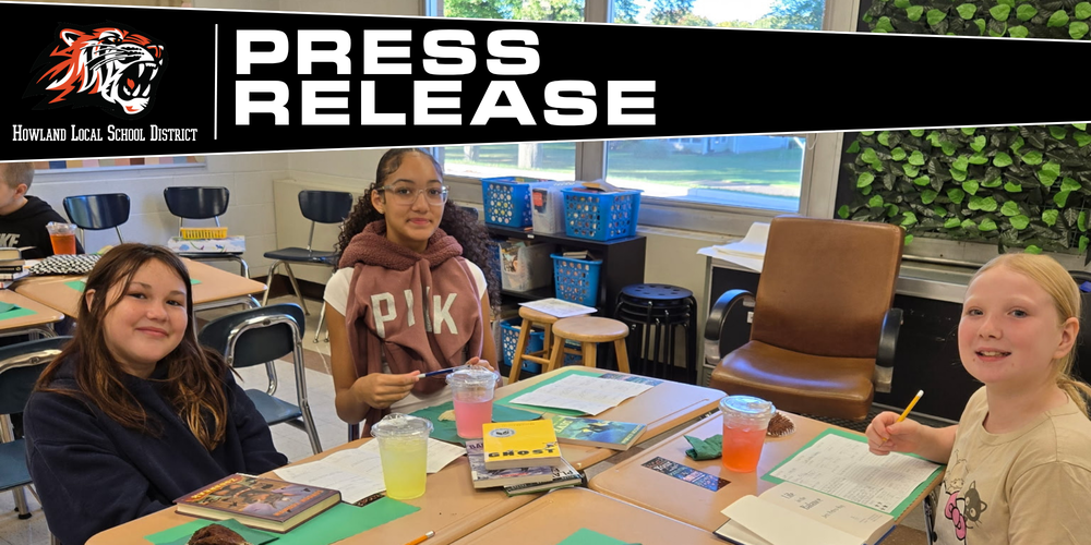 Howland Intermediate School sixth-grade students in Mrs. Olesky and Miss Less’ class preview books and enjoy drinks during their Starbooks Café activity in ELA.
