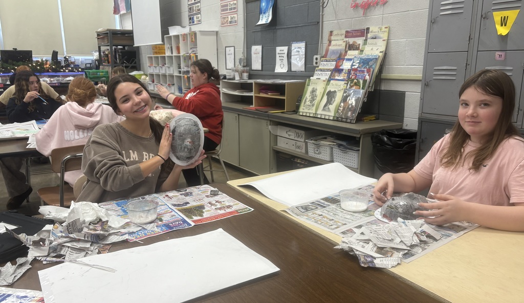 Eighth graders creating cultural paper-mâché masks
