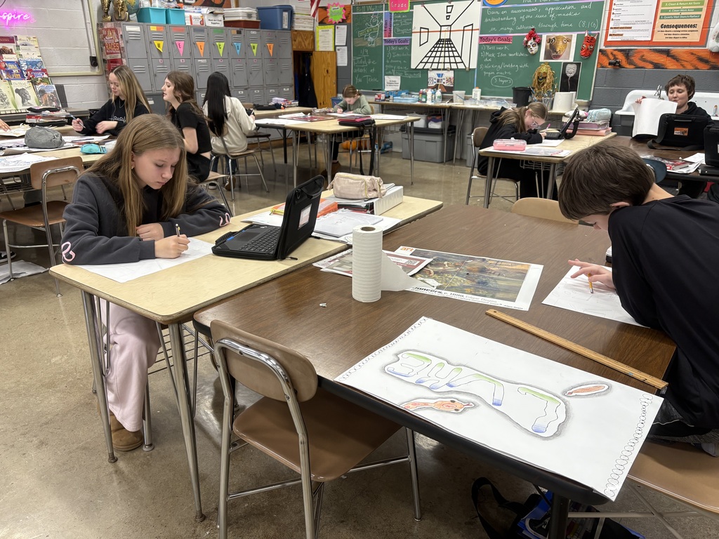 Seventh graders drawing one-point perspective galleries