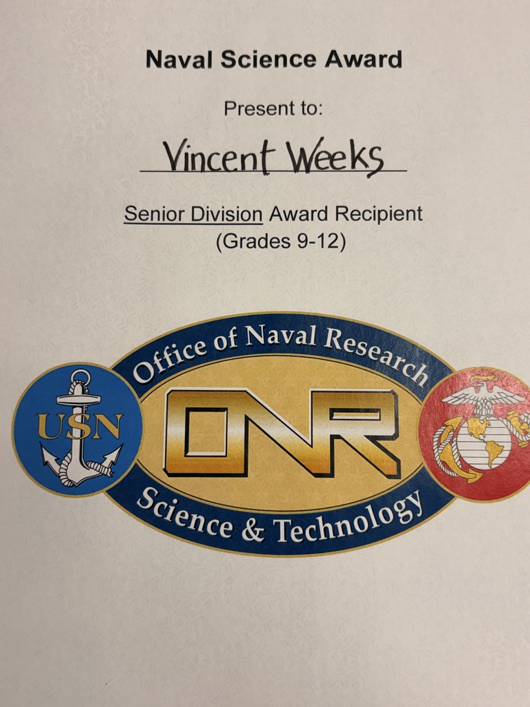 department of the navy certificate congratulating student vincent weeks for his golf ball research