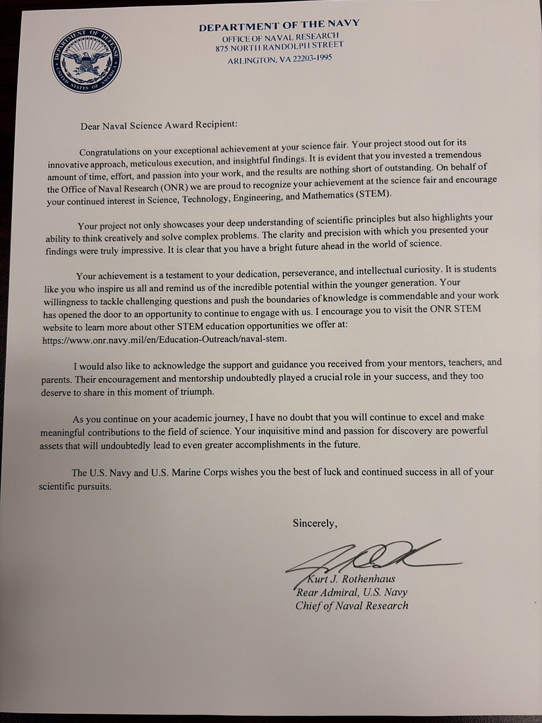 department of the navy letter congratulating student vincent weeks for his golf ball research