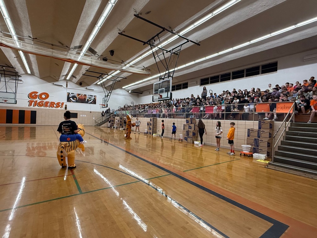 Students cheering and participating in games during a school pep assembly