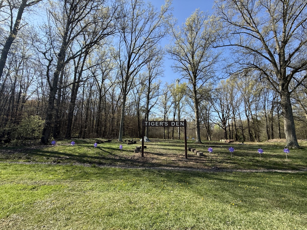 Students celebrating Earth Day outside, touring the Tiger Den, making bird seed, drawing with chalk, painting rocks, and playing with parachutes.
