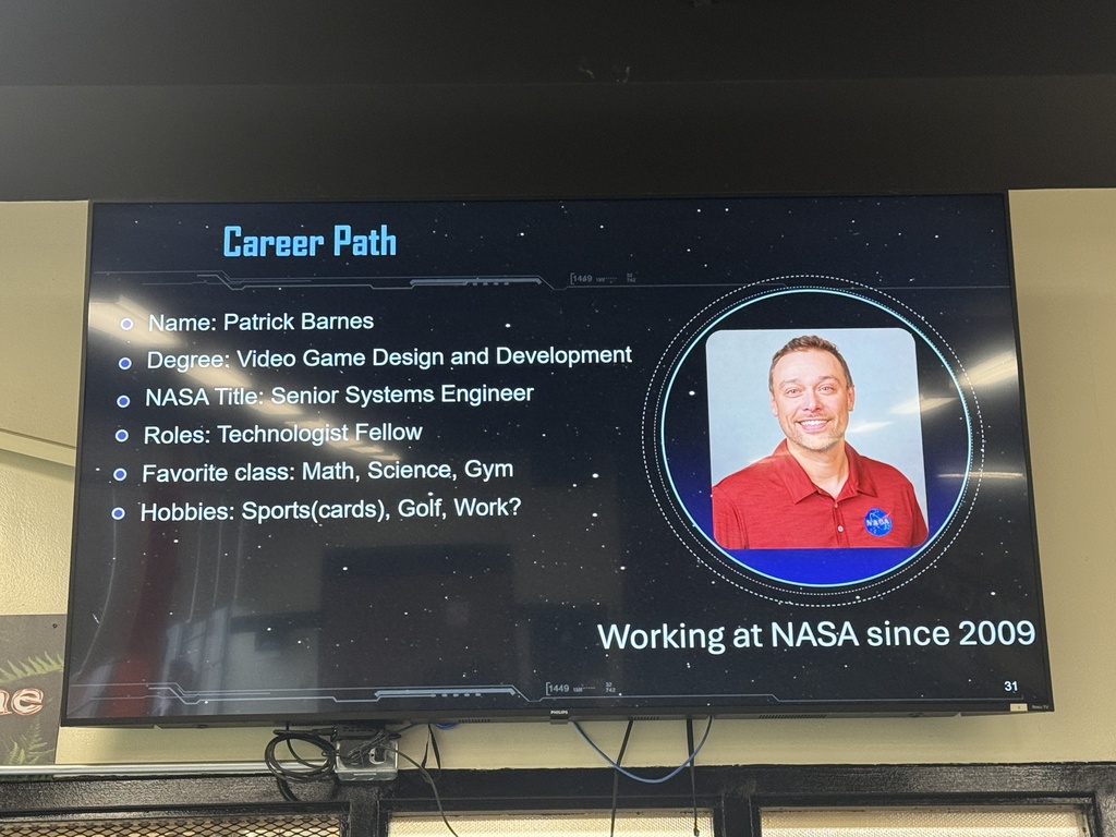 Space-themed graphic announcing a NASA presentation for Howland Junior High students featuring NASA engineer Patrick Barnes