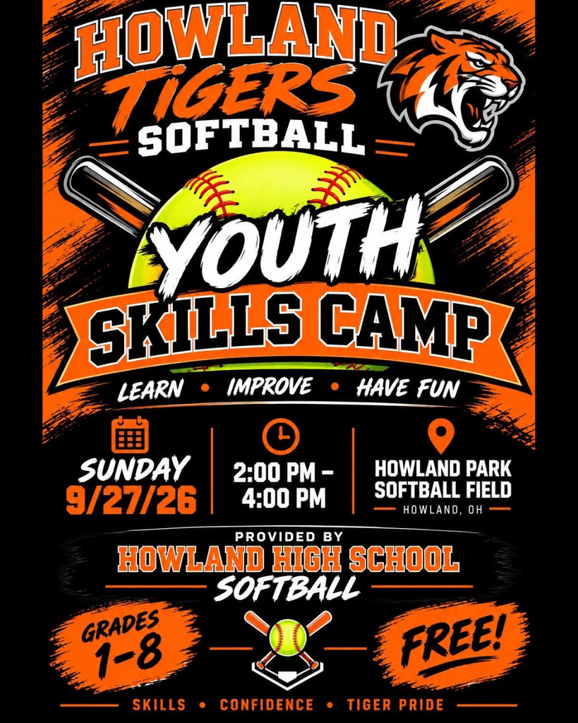Flyer promoting a free Howland Softball Camp for students in grades 1–8. Includes camp dates, time, location, and activity details. No registration required; students can simply show up.