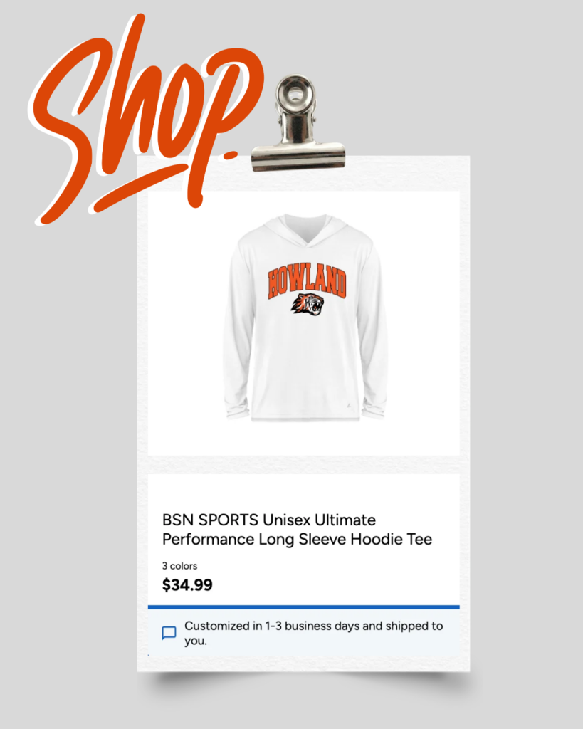 Flyer promoting Howland Tigers spirit wear, featuring an item available for purchase. The online shop closes December 14, and items arrive within 3–5 days. Shop link provided on the flyer.
