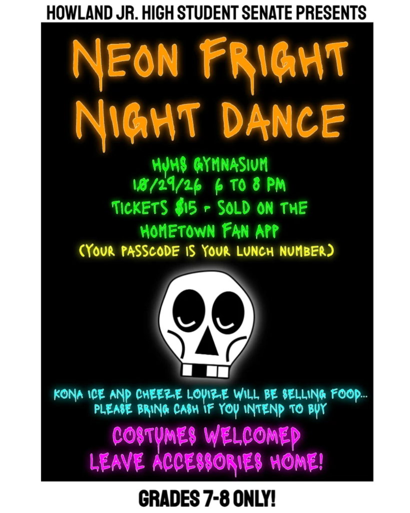 Neon Fright Night fall dance flyer with event details for Howland Junior High School students in grades seven and eight.
