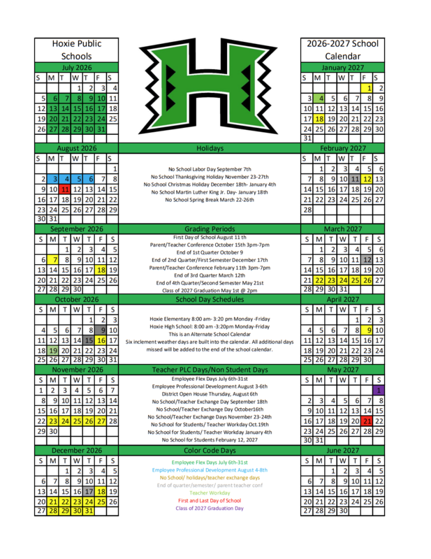 Hoxie School District Calendar.