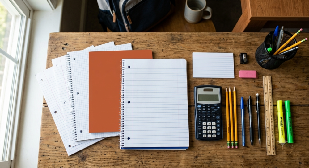 Supplies neatly organized on a rustic wooden desk.
