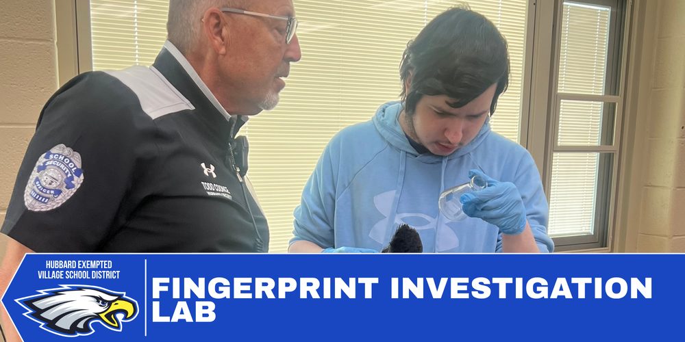Students in a forensic science classroom dust for fingerprints and compare prints while learning investigative techniques with assistance from a school security officer.