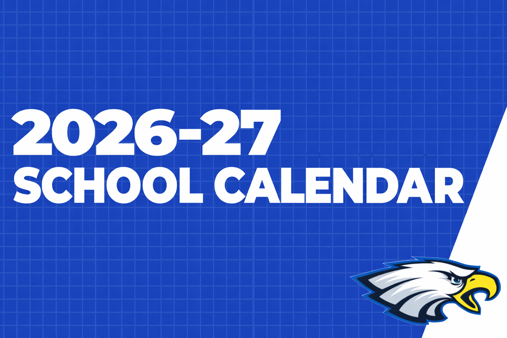 Blue slide with “2026–27 School Calendar” in white text and an eagle mascot in the bottom-right corner.