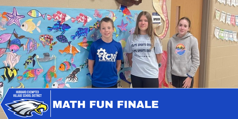  Middle school students display math projects featuring aquariums, scaled ocean animals, and surface area designs while participating in end-of-year activities.