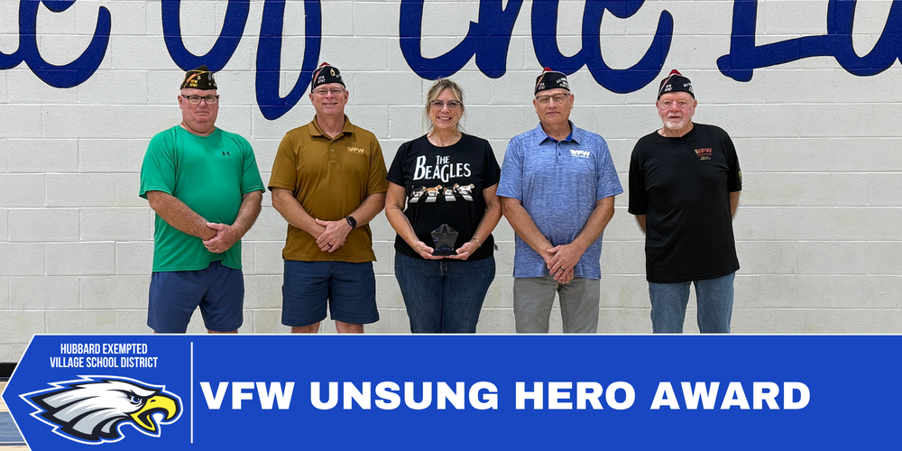 Connie Swartz poses with representatives from Hubbard VFW Post 3767 after receiving the VFW Unsung Hero Award. The award recognizes her dedication to Hubbard Schools as a classroom paraprofessional, bus driver and building support staff member.