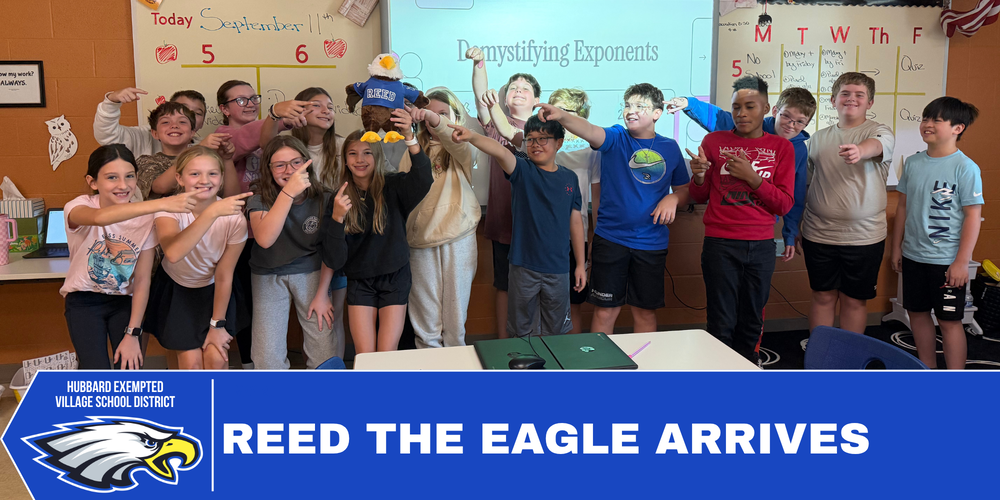 Mrs. Congemi's 3rd period 6th-grade class poses with Reed the Eagle after being recognized as the first Hubbard Middle School P.R.I.D.E. honorees.