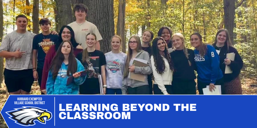  Hubbard High School junior English students participate in a character scavenger hunt at the Land Lab to prepare for reading The Crucible.