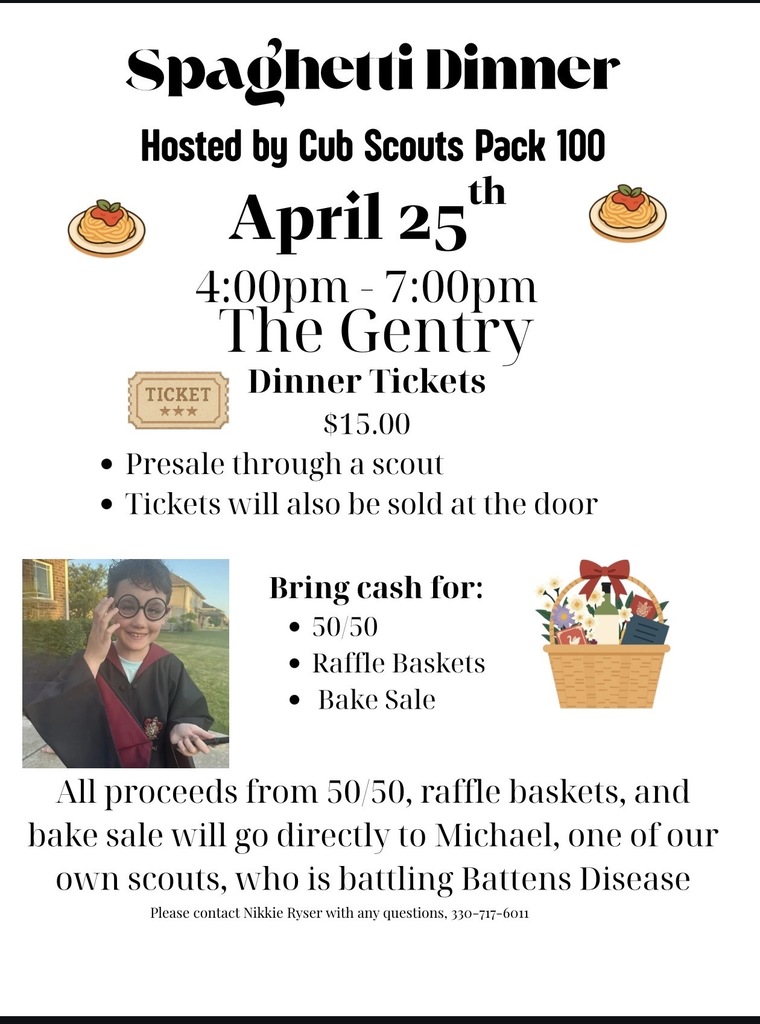 Spaghetti dinner fundraiser flyer for Cub Scouts Pack 100. Event is on April 25 from 4:00–7:00 p.m. at The Gentry. Tickets are $15, available presale through a scout or at the door. Flyer notes additional activities including a 50/50 raffle, raffle baskets, and a bake sale, with cash requested for those items. All proceeds from those activities benefit Michael, a scout who is battling Batten disease.