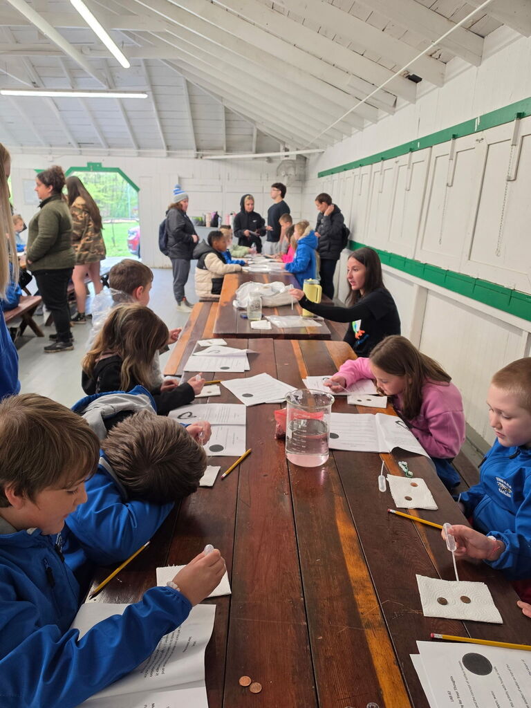 Hubbard second grade students participate in outdoor science activities at Harding Park with help from high school Ecology Club students.
