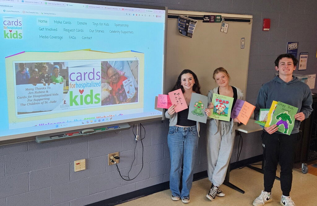 Hubbard High School students create colorful handmade cards with encouraging messages for hospitalized children.