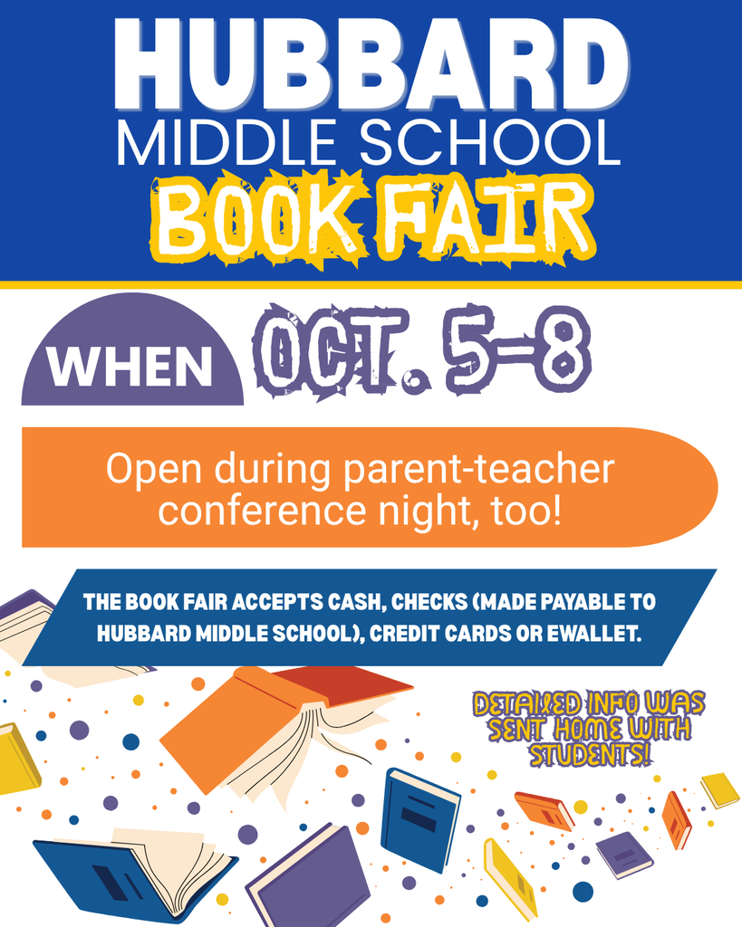 Hubbard Middle School Book Fair flyer announcing the October 5–8 dates and that the fair will be open during Parent Teacher Conference Night.