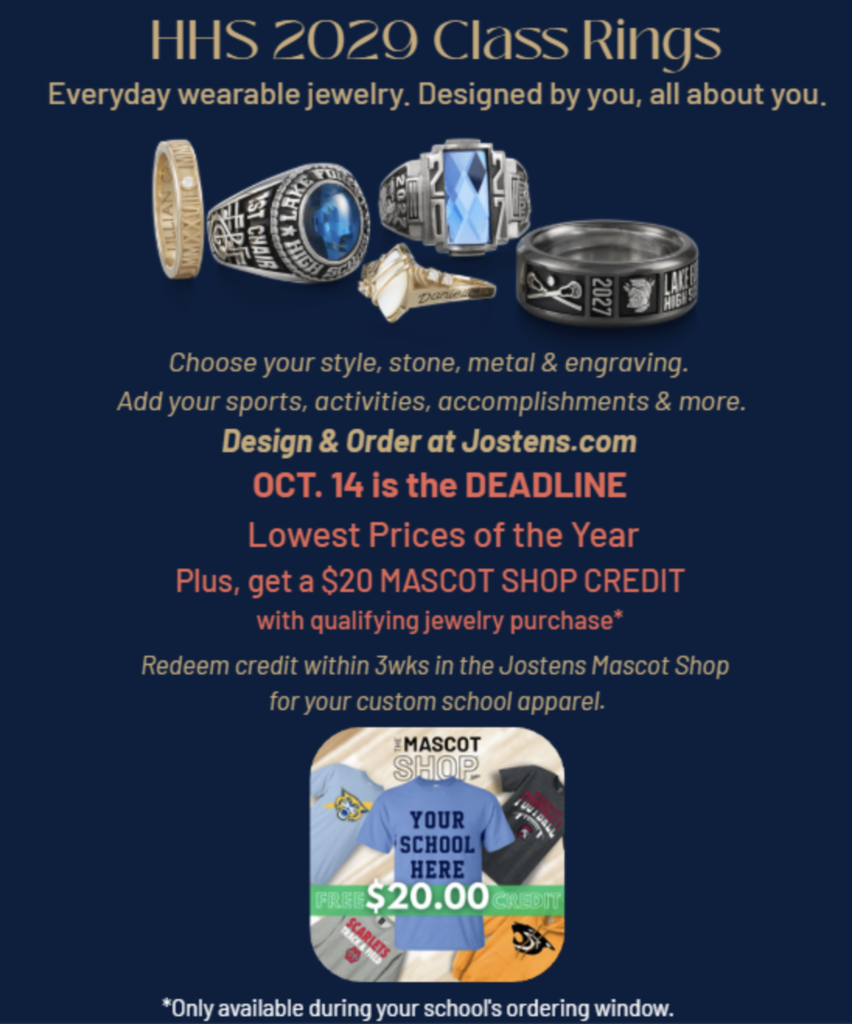 Hubbard High School Class of 2029 students can order custom school rings through Jostens by Oct. 14.