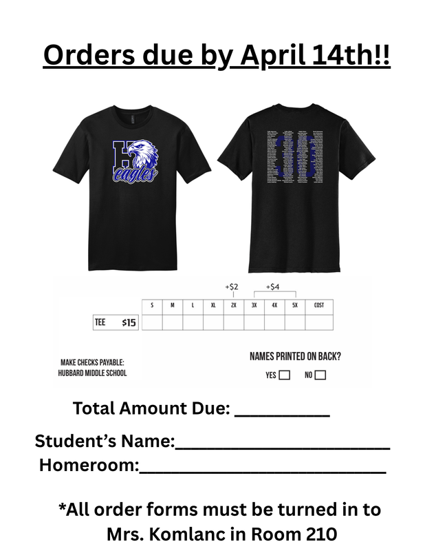 Close-up of Hubbard Middle School Class of 2030 shirt design with pricing information and order sheet.