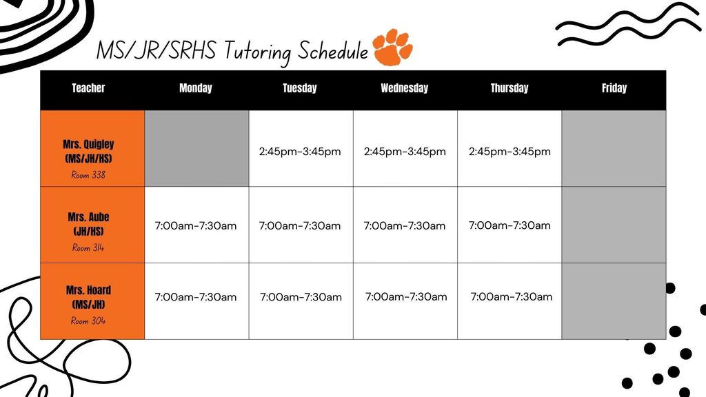 MSJRSRHS Tutoring Schedule