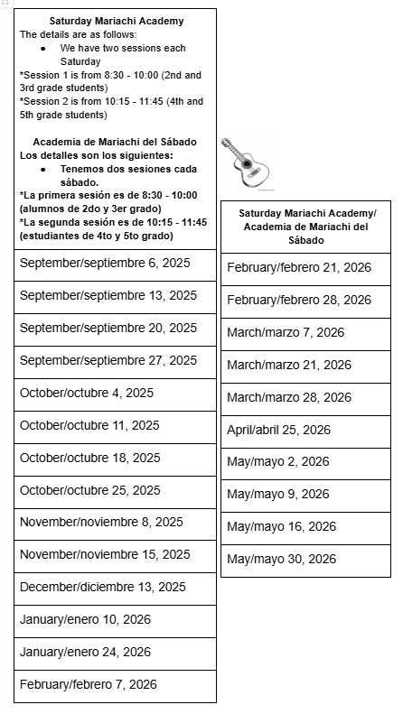 Mariachi Saturday Class Schedule
