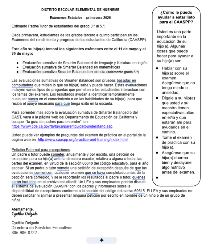 testing letter espanol
