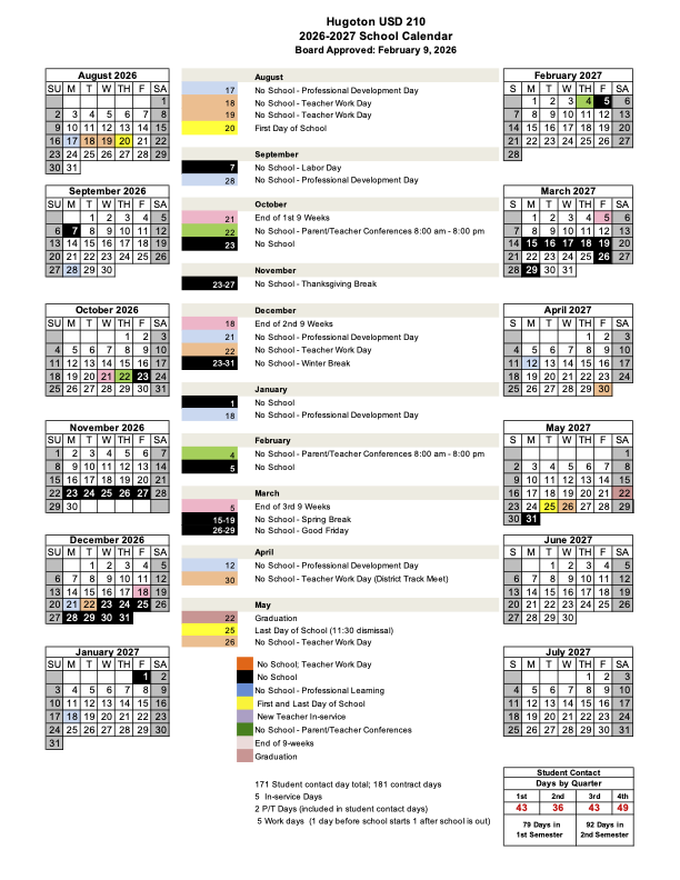 2026-2027 Calendar Approved by Board of Education | Hugoton Public