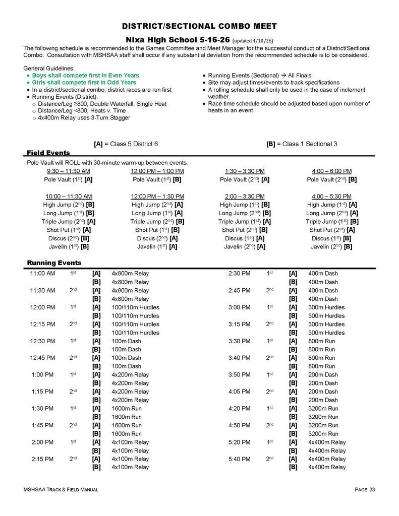 Saturday’s Schedule for Track Sectionals 5/16/2026
