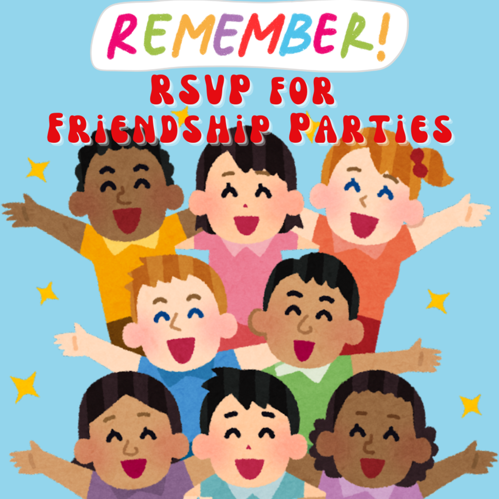 RSVP for Friendship Parites... image of children celebrating.